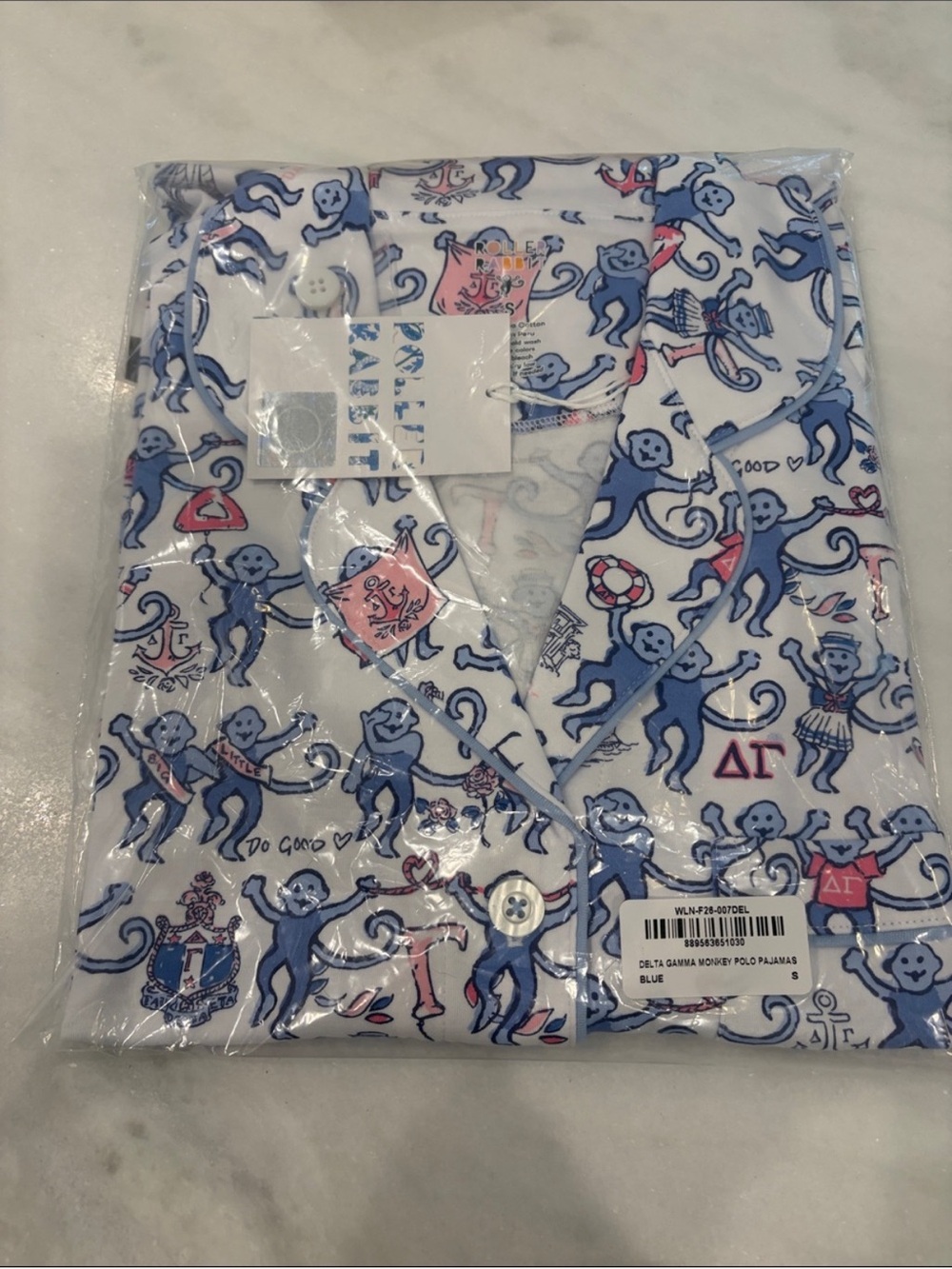 Delta Gamma Roller Rabbit Pajama set with monkey print NWT size small